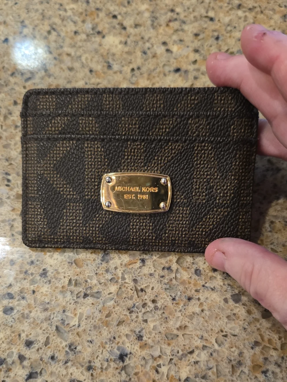 Michael Kors Brown and Dark Brown Monogram Card Holder with Gold Plaque